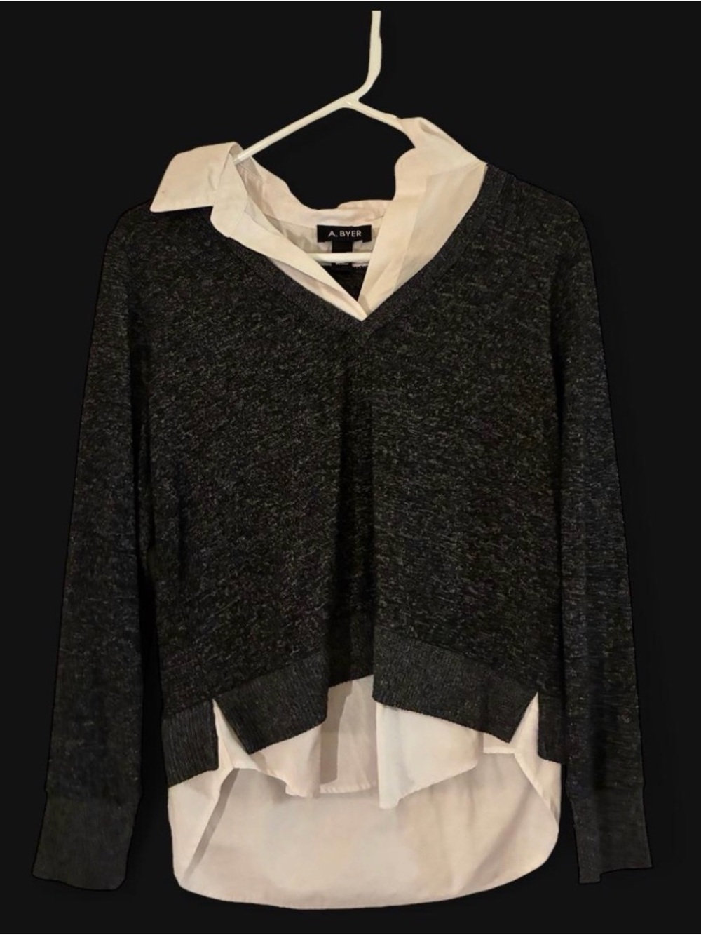 A. Byer Charcoal V-Neck Sweater with White Shirt Layer